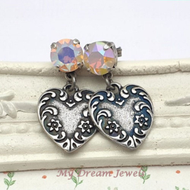 Antiek Zilverkleur Oorstekers Hart met Swarovski Crystal Rose Opal AB