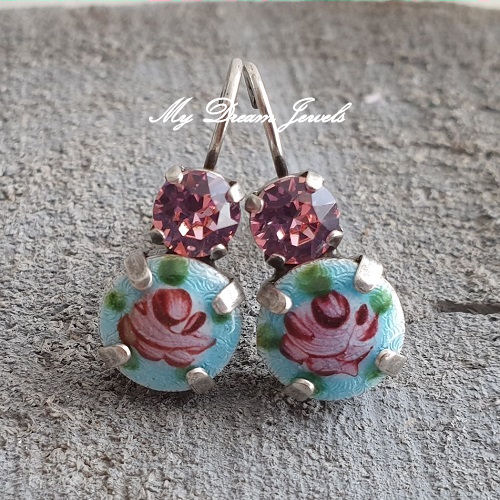 Oorbellen "Vintage Blue Shabby flower " met Swarovski
