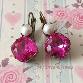 Oorbellen met Swarovski White Pearl / Fuchsia