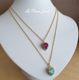 Ketting met Swarovski Hart Fuchsia & Turquiose