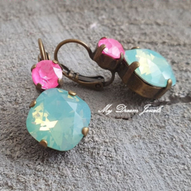 Oorbellen Square met Swarovski Neon Pink & Pacific Opal