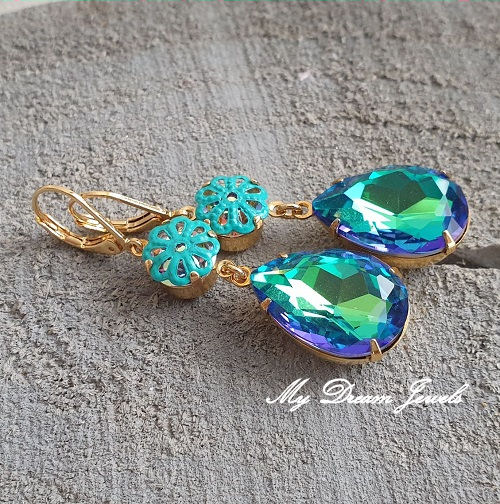 Oorhangers Surprise Flower "Blue Green Rainbow"