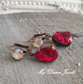 Oorhangers Mary met Swarovski Crystal White Opal Shimmer & Siam Red