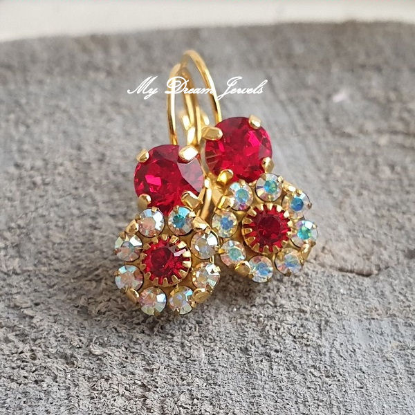Oorhanger Light Siam met Vintage Swarovski Flower Light Siam en Crystal AB