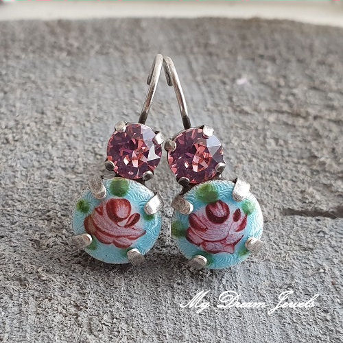 Oorbellen "Vintage Blue Shabby flower " met Swarovski