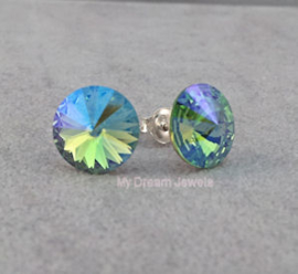 Sterling Silver Oorstekers met Swarovski Rivoli Peridot Glacier Blue