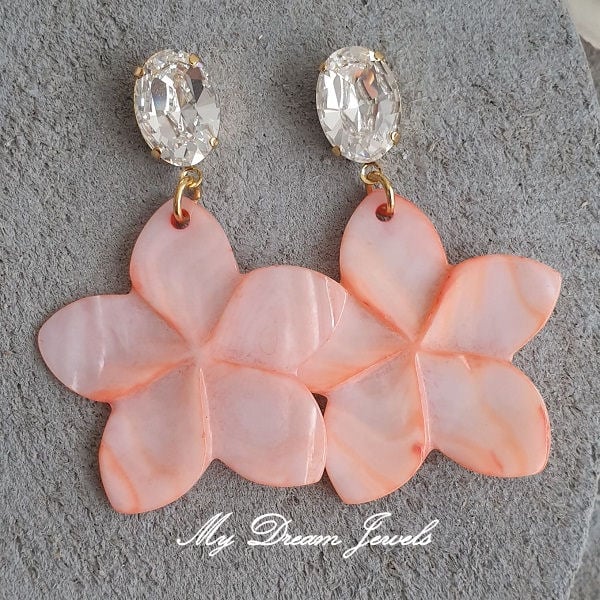 Oorstekers met Swarovski Helder Crystal en Schelp Hanger Bloem Zalm