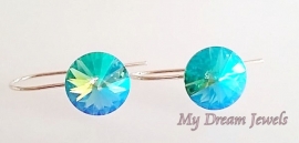 Sterling Silver 925 Oorbellen met een Swarovski Rivoli Light Turquoise Glacier Blue