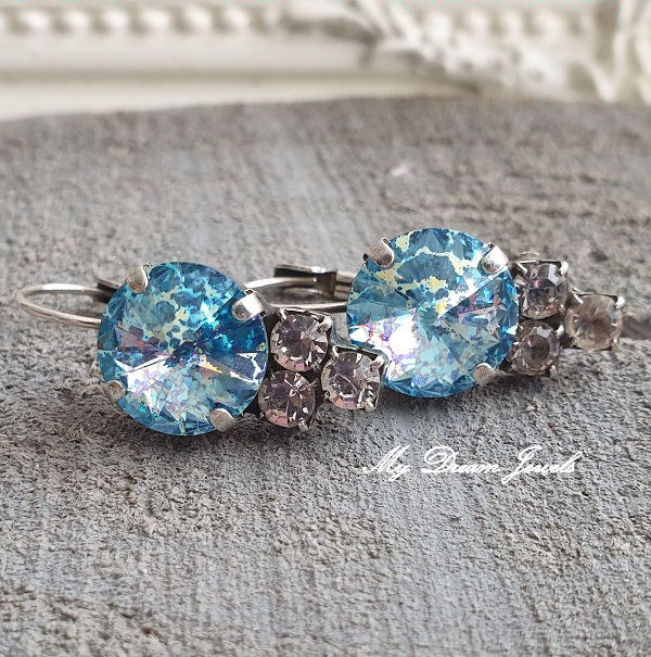 Oorbellen  Aquamarine White Patina & Helder Crystal met Swarovski Crystal