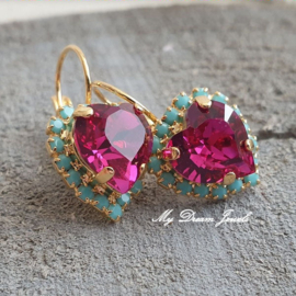 Luxe Oorbellen met Swarovski Hart Fuchsia & Turquoise