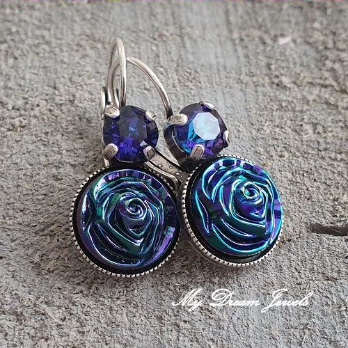 Oorbellen "Magic Blue Rose " met Swarovski Heliotrope