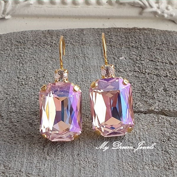 Oorbellen Octagon met o.a. Swarovski Helder Crystal & Soft Pink Shine