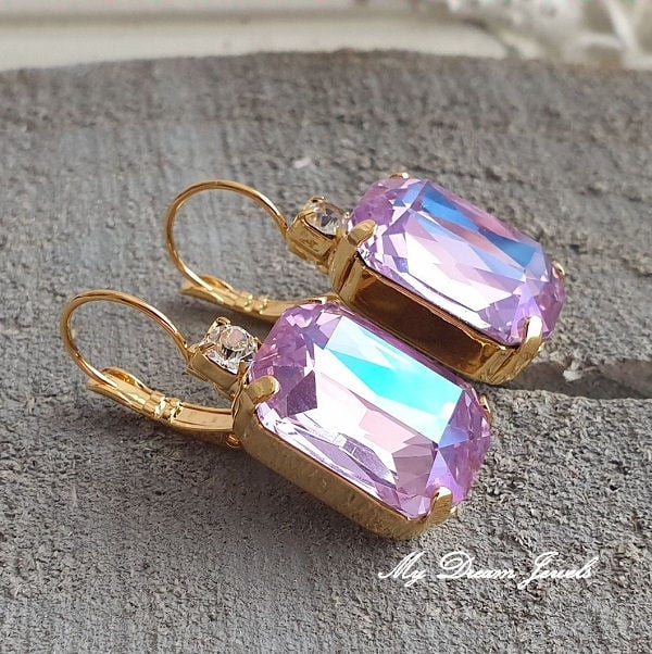 Oorbellen Octagon met o.a. Swarovski Helder Crystal & Purple Shine