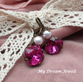 Oorbellen met Swarovski White Pearl / Fuchsia