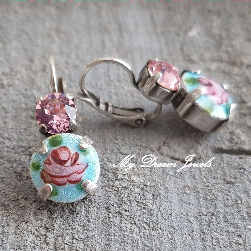 Oorbellen "Vintage Blue Shabby flower " met Swarovski