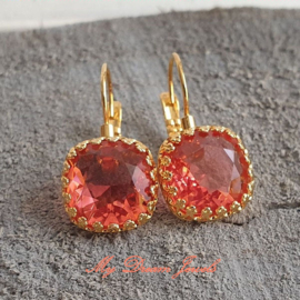 Oorbellen Crown Square met Swarovski Crystal Padparadscha unfoiled