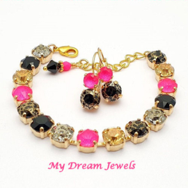 Armband Alison "Neon Pink Black Gold Patina " met o.a. Swarovski Crystal Maat L