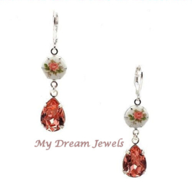 Romantische Roos oorbellen met Swarovski druppel Rose Peach