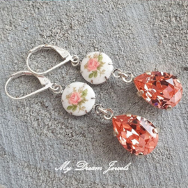Romantische Roos oorbellen met Swarovski druppel Rose Peach