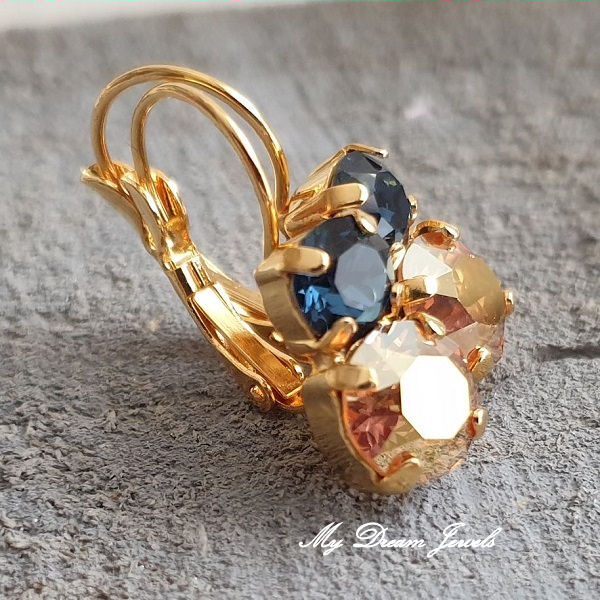 Oorbellen Lara met Swarovski "Montana Blue en Metallic Sunshine "