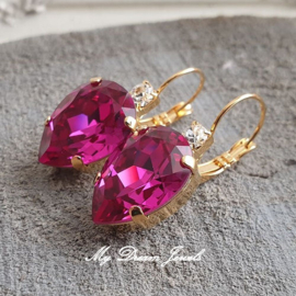 Oorbellen Druppel met Swarovski Helder Crystal & Fuchsia