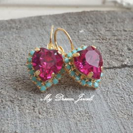 Luxe Oorbellen met Swarovski Hart Fuchsia & Turquoise