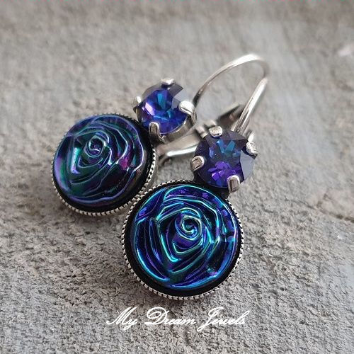 Oorbellen "Magic Blue Rose " met Swarovski Heliotrope