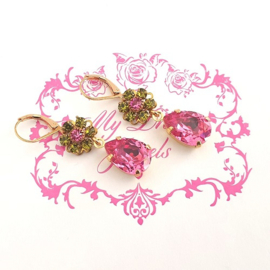 Oorhangers Vintage Swarovski Flower Olivine & Rose