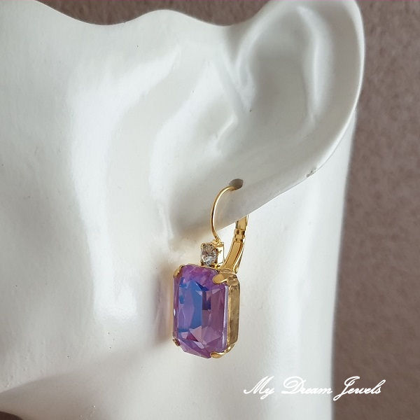 Oorbellen Octagon met o.a. Swarovski Helder Crystal & Purple Shine