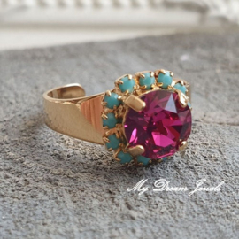 Verstelbare ring met Swarovski Fuchsia & Turquoise