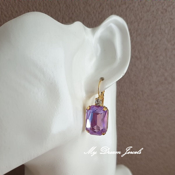 Oorbellen Octagon met o.a. Swarovski Helder Crystal & Purple Shine