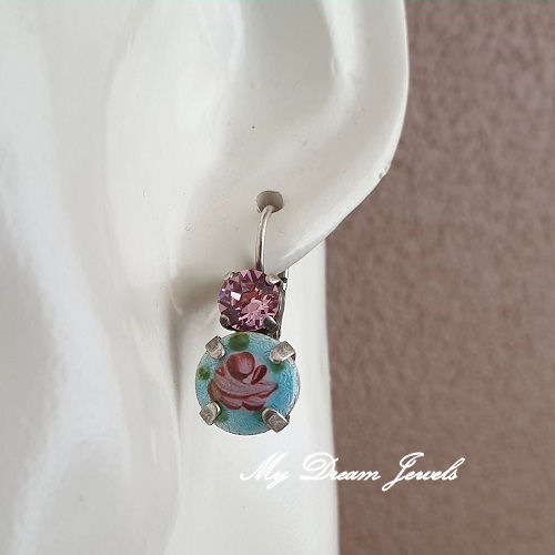 Oorbellen "Vintage Blue Shabby flower " met Swarovski