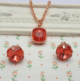 Oorstekers of een Ketting Square Rose Gold met Swarovski  Padparadscha