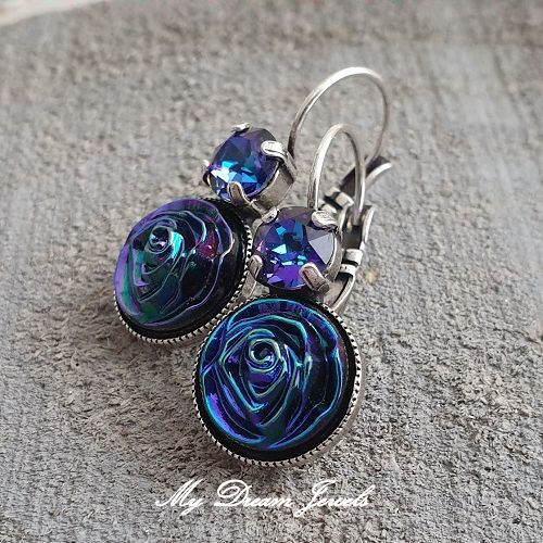 Oorbellen "Magic Blue Rose " met Swarovski Heliotrope