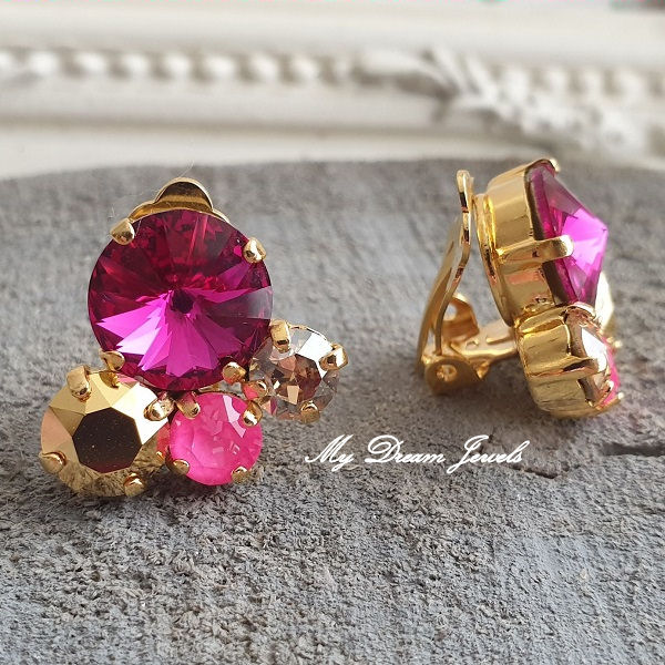 Oorclips Hot Pink & Gold met Swarovski Crystal