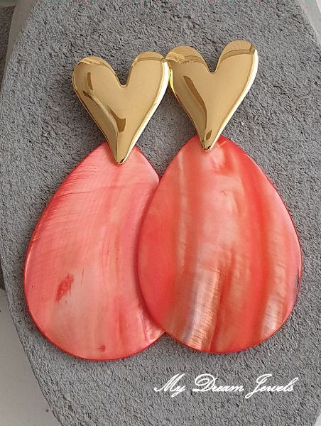Oorstekers RVS Hart met Schelp Hanger Druppel Coral