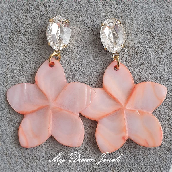 Oorstekers met Swarovski Helder Crystal en Schelp Hanger Bloem Zalm