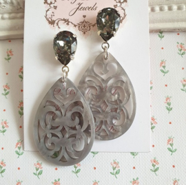 Oorstekers met Swarovski en resin Barok hanger Grey Diamond
