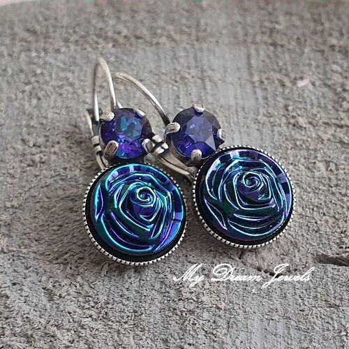 Oorbellen "Magic Blue Rose " met Swarovski Heliotrope