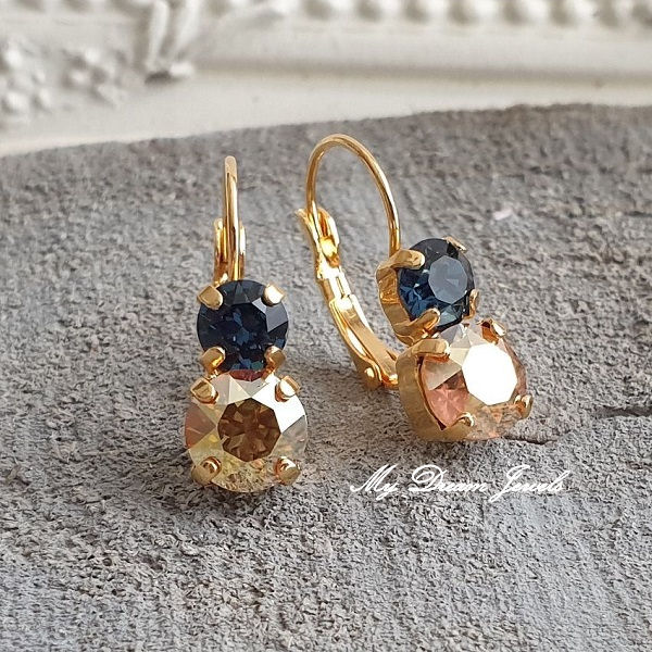 Oorbellen Lara met Swarovski "Montana Blue en Metallic Sunshine "