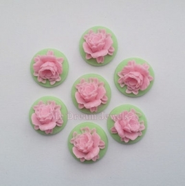 Cabochon Bloem Mint Groen en Roze