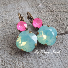 Oorbellen Square met Swarovski Neon Pink & Pacific Opal