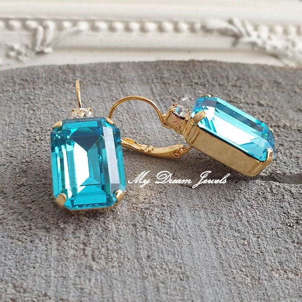 Oorbellen Octagon met o.a. Swarovski Helder Crystal & Aqua