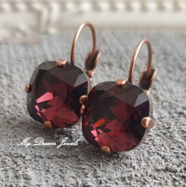 Oorbellen Square met Swarovski " Burgundy"