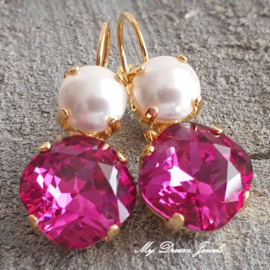 Oorbellen Square met Swarovski Pearl White & Crystal Fuchsia
