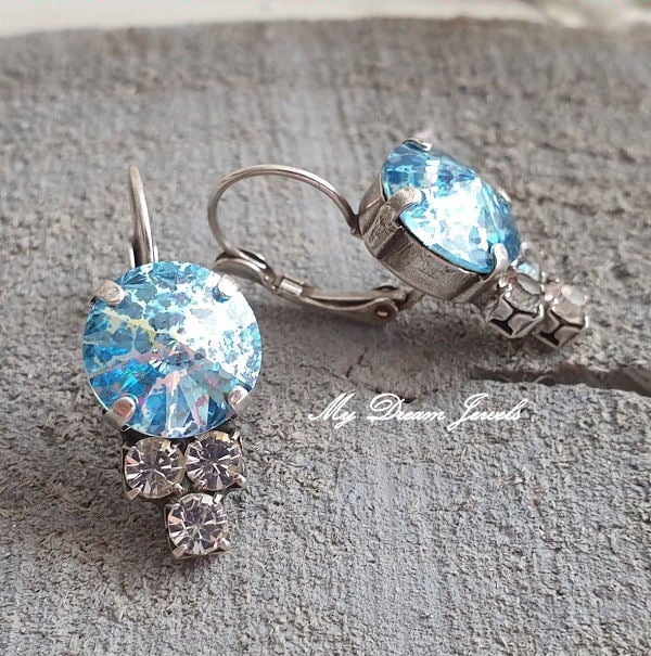 Oorbellen  Aquamarine White Patina & Helder Crystal met Swarovski Crystal