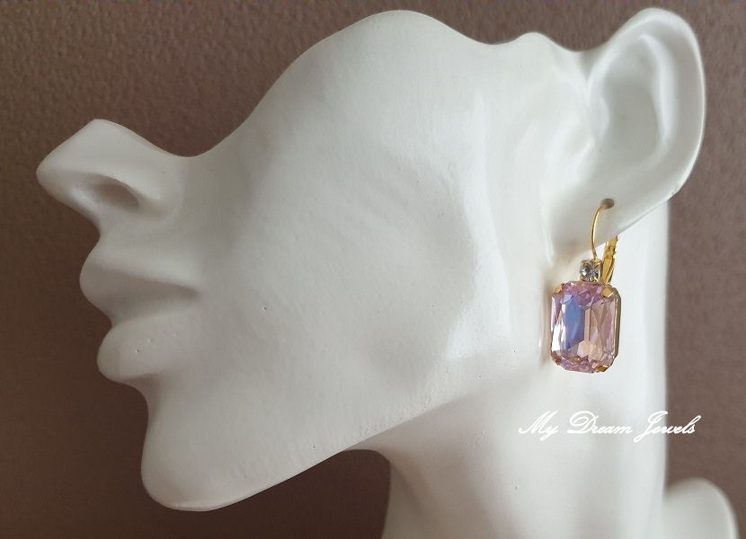 Oorbellen Octagon met o.a. Swarovski Helder Crystal & Soft Pink Shine