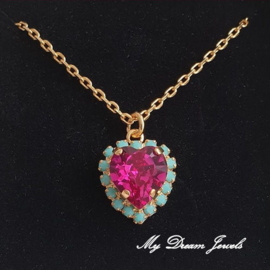 Ketting met Swarovski Hart Fuchsia & Turquiose