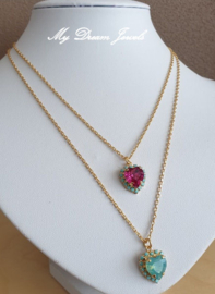Ketting met Swarovski Hart Fuchsia & Turquiose