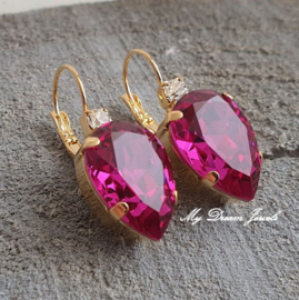 Oorbellen Druppel met Swarovski Helder Crystal & Fuchsia